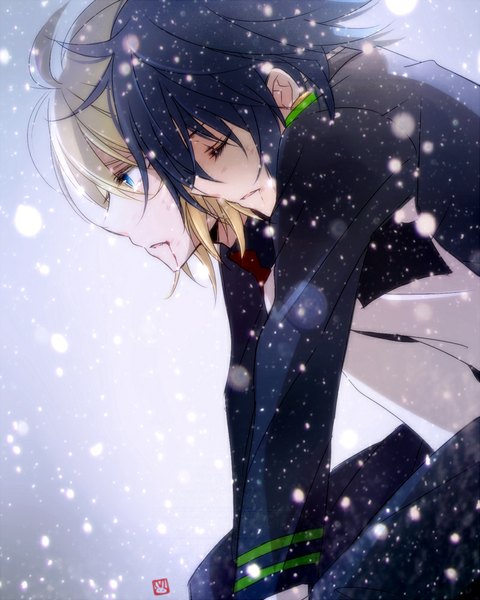 Anime picture 800x1000 with owari no seraph wit studio hyakuya yuuichirou hyakuya mikaela tsukimori usako tall image fringe short hair blue eyes black hair blonde hair standing ahoge eyes closed profile multiple boys on back tears looking down snowing