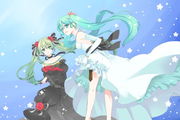 Anime picture 1200x803 with vocaloid hatsune miku suzushiro twintails bare shoulders multiple girls green eyes aqua eyes green hair aqua hair wallpaper blue background girl dress gloves ribbon (ribbons) 2 girls hair ribbon detached sleeves elbow gloves