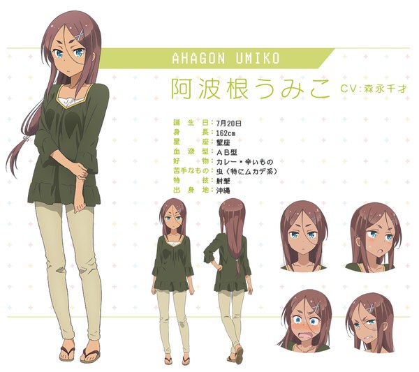 Anime picture 900x800 with new game! doga kobo ahagon umiko kikuchi ai single long hair looking at viewer blush open mouth blue eyes brown hair standing full body from behind official art character names hand on hip dark skin low ponytail eyebrows