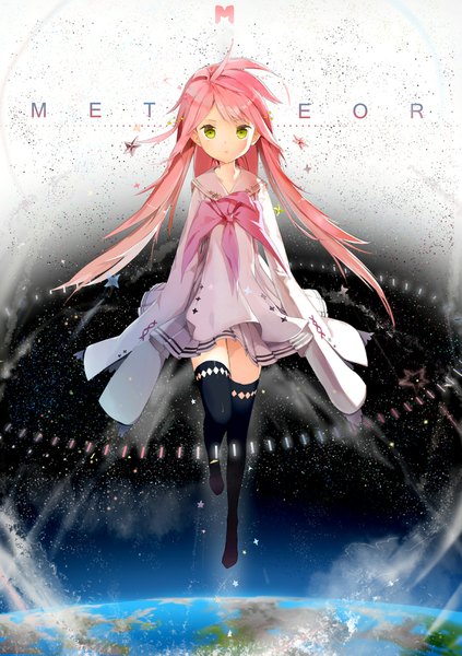 Anime picture 1400x1984 with vocaloid meteor (vocaloid) anmi single long hair tall image yellow eyes pink hair long sleeves zettai ryouiki space girl thighhighs black thighhighs star (symbol) star (stars) earth
