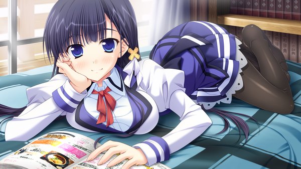 Anime picture 2560x1440 with yaneura no kanojo kirishima saki (yaneura no kanojo) dp minase (artist) long hair looking at viewer blush highres blue eyes black hair smile wide image game cg girl uniform school uniform pantyhose