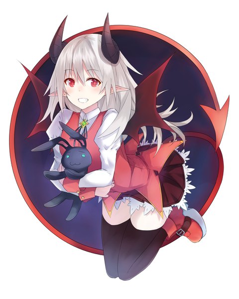 Anime picture 1120x1400 with original keid single long hair tall image looking at viewer blush fringe hair between eyes red eyes white background full body bent knee (knees) white hair tail horn (horns) pointy ears zettai ryouiki demon girl demon tail