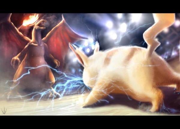 Anime picture 2048x1465 with pokemon nintendo pikachu charizard rhexfiremind highres from behind letterboxed battle electricity gen 1 pokemon animal fire dragon monster pokemon (creature)