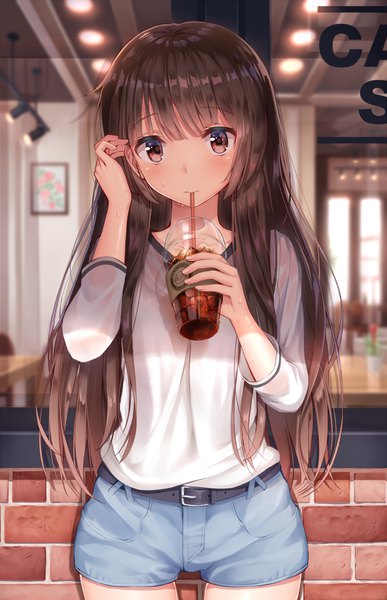 Anime picture 900x1395 with original superpig (wlstjqdla) single long hair tall image fringe brown hair holding brown eyes blunt bangs sweat thigh gap adjusting hair sweatdrop casual girl shorts belt short shorts t-shirt