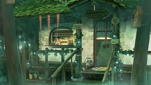 Anime picture 1280x720 with original mary (pixiv) wide image no people fantasy nature flower (flowers) plant (plants) window leaf (leaves) stairs railing candle (candles) house door roof nesting box