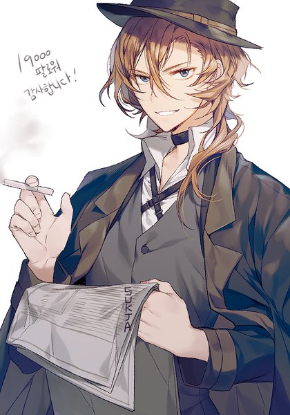Anime picture 700x1000 with bungou stray dogs studio bones nakahara chuuya sorolp single long hair tall image looking at viewer fringe simple background blonde hair smile hair between eyes white background signed upper body grey eyes clothes on shoulders korean boy
