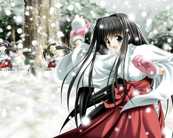 Anime picture 1280x1024 with noritama (gozen) japanese clothes snowing winter snow miko mittens snowball