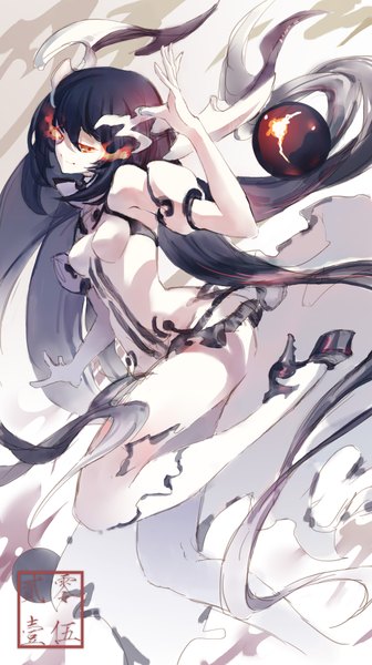 Anime picture 2480x4425 with kantai collection anchorage water oni criin single long hair tall image looking at viewer fringe highres breasts black hair smile red eyes pink hair bent knee (knees) white hair multicolored hair grey hair high heels glowing