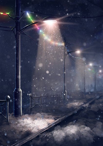 Anime picture 1200x1701 with original sylar113 tall image outdoors night light snowing winter snow no people power lines garland