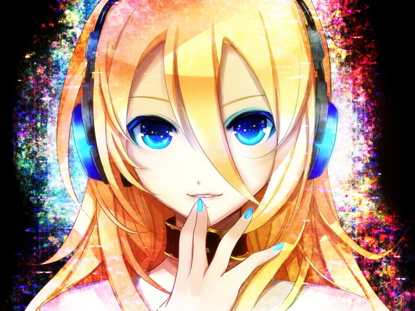 Anime picture 1200x900 with vocaloid lily (vocaloid) yuuki kira single long hair looking at viewer blue eyes blonde hair nail polish finger to mouth face girl choker headphones