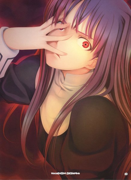 Anime picture 1200x1651 with kara no kyoukai type-moon asagami fujino mikazuki akira single long hair tall image looking at viewer fringe red eyes purple hair scan inscription dark background face hands on face girl dress