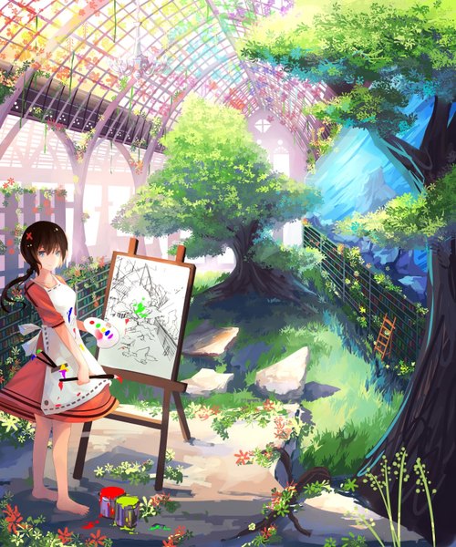 Anime picture 1333x1600 with original .l.l single long hair tall image looking at viewer fringe blue eyes black hair smile standing holding ponytail indoors barefoot sunlight bare legs shadow no shoes drawing