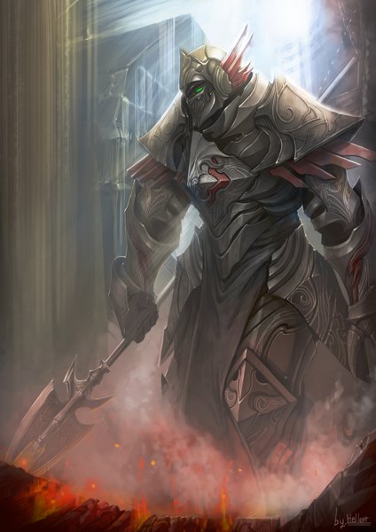 Anime picture 2480x3508 with hellcherr single tall image highres green eyes light boy gloves weapon armor helmet spear