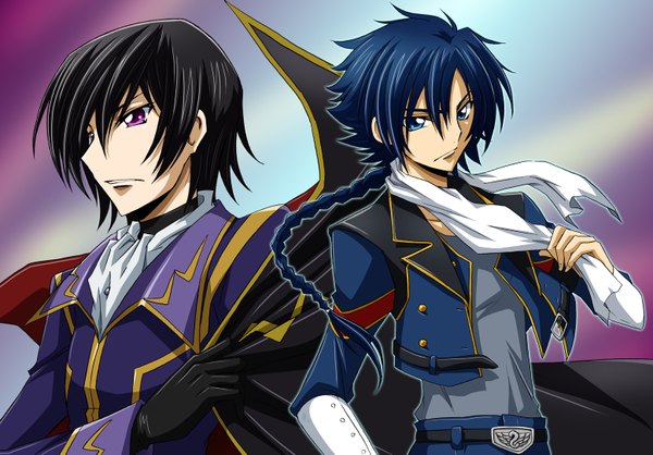 Anime picture 1553x1083 with code geass code geass boukoku no akito sunrise (studio) lelouch lamperouge hyuuga akito long hair short hair blue eyes black hair simple background purple eyes blue hair looking away braid (braids) single braid boy gloves black gloves scarf cloak