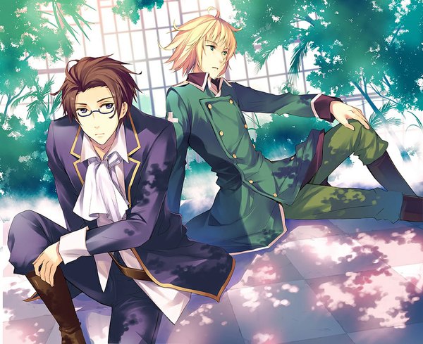 Anime picture 1100x898 with axis powers hetalia studio deen austria (hetalia) switzerland (hetalia) blonde hair brown hair sitting boy uniform plant (plants) glasses boots military uniform