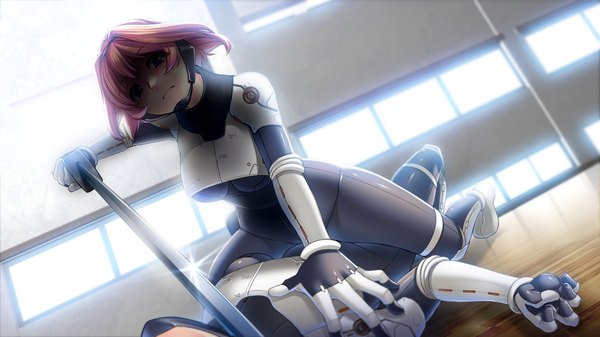 Anime picture 1280x720 with gun knight girl munakata mashiro sumeragi kohaku short hair blue eyes wide image pink hair game cg girl weapon sword bodysuit