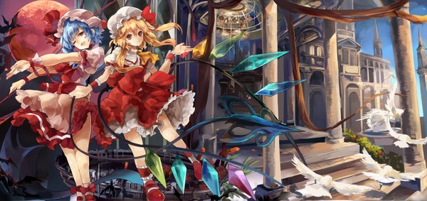 Anime picture 1600x756 with touhou flandre scarlet remilia scarlet himuro (dobu no hotori) short hair open mouth blonde hair smile red eyes wide image multiple girls blue hair one eye closed wink arms up outstretched arm red moon girl dress bow