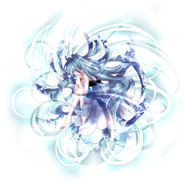Anime picture 1200x1200 with vocaloid hatsune miku tyouya long hair simple background white background twintails bare shoulders lying eyes closed barefoot aqua hair legs girl