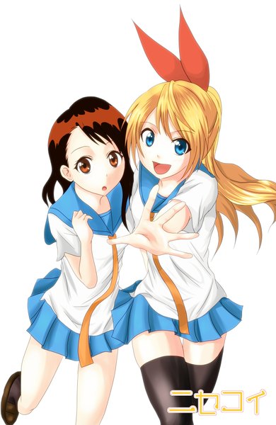 Anime picture 1300x2000 with nisekoi shaft (studio) kirisaki chitoge onodera kosaki chitoge_k long hair tall image open mouth blue eyes simple background blonde hair smile brown hair white background multiple girls brown eyes girl thighhighs uniform bow