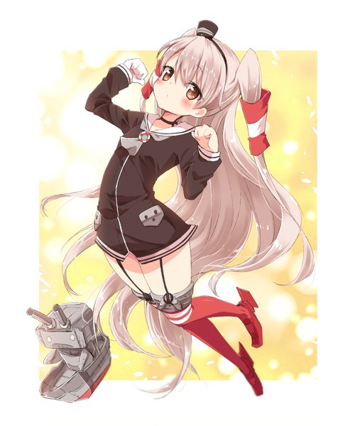 Anime picture 1500x1800 with kantai collection amatsukaze destroyer rensouhou-kun ayakashi (monkeypanch) single tall image looking at viewer blush brown eyes very long hair grey hair two side up girl thighhighs dress hair ornament hat short dress hair tubes sailor suit