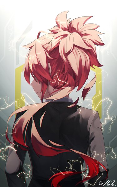 Anime picture 1000x1600 with original tian ling (qys3) qys3 single long hair tall image smile signed pink hair upper body ponytail from behind grey background spiked hair lightning girl