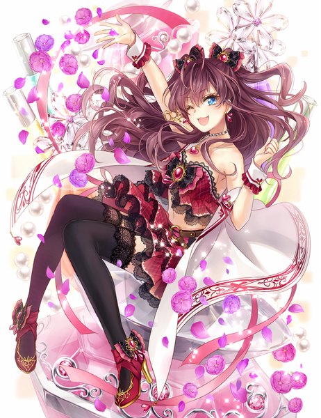 Anime picture 770x1000 with idolmaster idolmaster cinderella girls ichinose shiki hagiwara rin single long hair tall image open mouth blue eyes purple hair one eye closed wink two side up mystic elixir girl thighhighs dress flower (flowers) bow ribbon (ribbons)
