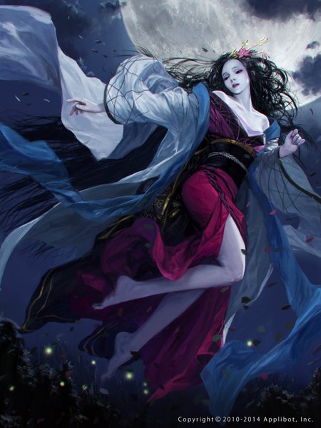 Anime picture 3000x4000 with totorrl (artist) single tall image highres bare shoulders looking away cloud (clouds) bent knee (knees) very long hair traditional clothes japanese clothes barefoot wind lips night wide sleeves bare legs legs pale skin girl