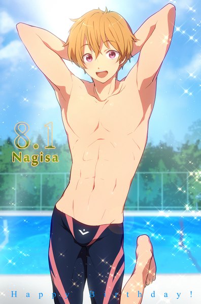 Anime picture 1000x1512 with free! kyoto animation hazuki nagisa yamaki suzume single tall image looking at viewer short hair open mouth blonde hair sky pink eyes inscription armpit (armpits) arms behind head happy birthday boy plant (plants) tree (trees) pool