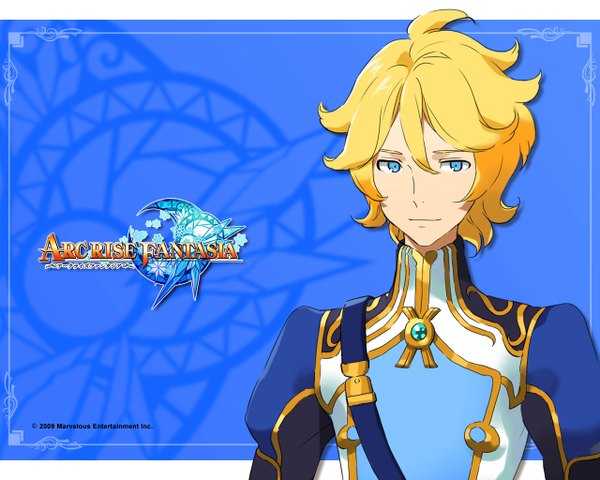 Anime picture 1280x1024 with arc rise fantasia single looking at viewer short hair blue eyes simple background blonde hair light smile inscription boy