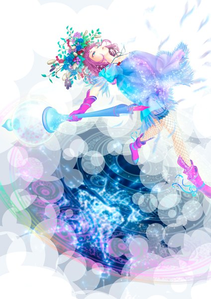 Anime picture 1000x1414 with original pi (pppppchang) single tall image fringe short hair holding pink hair hair flower aqua eyes girl dress gloves hair ornament flower (flowers) pantyhose boots pendant fishnet pantyhose