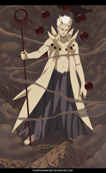 Anime picture 2500x4058 with naruto studio pierrot naruto (series) uchiha obito tobi ricardonamikaze single tall image highres short hair red eyes white hair horn (horns) coloring akatsuki boy staff