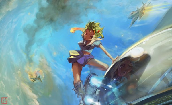 Anime picture 1500x915 with original electrixocket short hair red eyes wide image sky green hair glowing smoke flying girl skirt navel hair ornament hair tie hair bobbles fist hairpin (hairpins) aircraft airplane