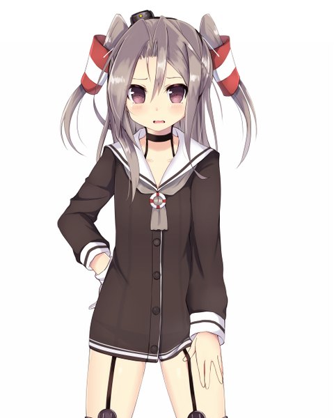 Anime picture 1024x1280 with kantai collection amatsukaze destroyer zuihou light aircraft carrier amano kouki single long hair tall image looking at viewer blush open mouth light erotic purple eyes purple hair two side up hand on hip cosplay amatsukaze destroyer (cosplay) girl hair ornament hat
