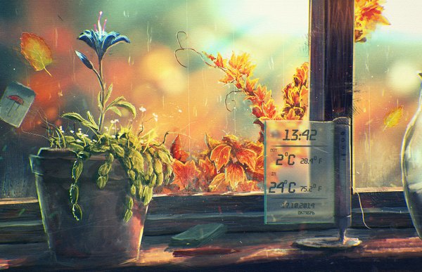 Anime picture 2000x1293 with original sylar113 highres indoors rain flower (flowers) plant (plants) window leaf (leaves) clock pencil thermometer digital clock