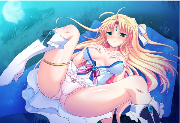Anime picture 1370x942 with futsuno fantasy long hair blush breasts blue eyes light erotic blonde hair game cg girl dress underwear panties