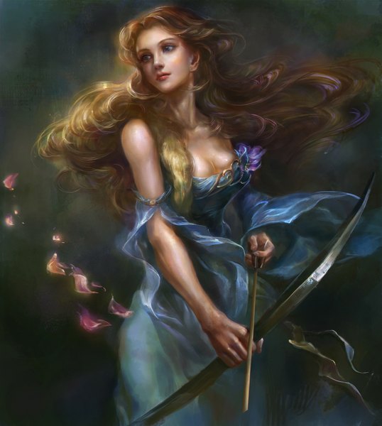 Anime picture 1436x1600 with rong rong (shenhaiyuyou) single long hair tall image breasts brown hair bare shoulders lips realistic grey eyes girl dress flower (flowers) petals bow (weapon) arrow (arrows)