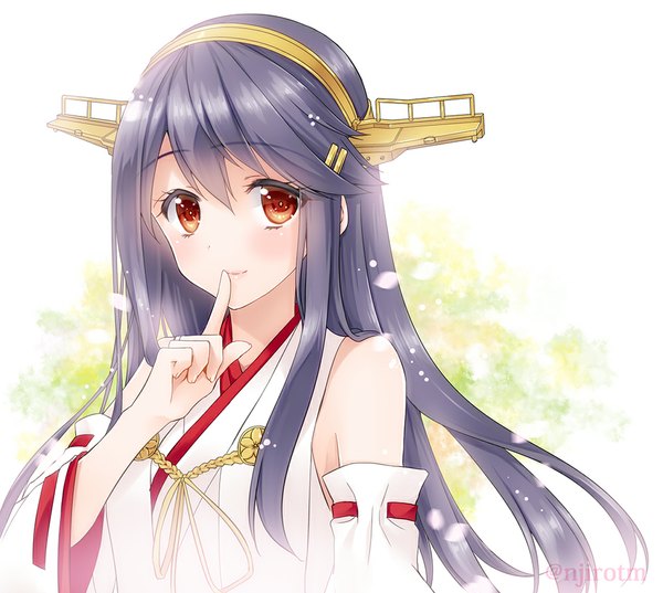 Anime picture 1000x896 with kantai collection haruna battleship ichimatsu nana single long hair looking at viewer black hair hair between eyes red eyes finger to mouth nontraditional miko girl hair ornament detached sleeves petals