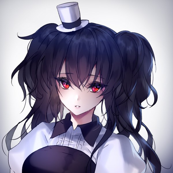 Anime picture 1200x1200 with mabinogi black joa single long hair looking at viewer fringe black hair simple background hair between eyes red eyes twintails parted lips grey background puffy sleeves girl hat mini hat mini top hat