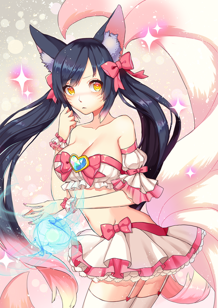 Anime picture 1000x1407 with league of legends ahri (league of legends) whitehee93 single long hair tall image looking at viewer blush breasts light erotic black hair large breasts twintails animal ears yellow eyes tail animal tail pleated skirt looking back cat ears