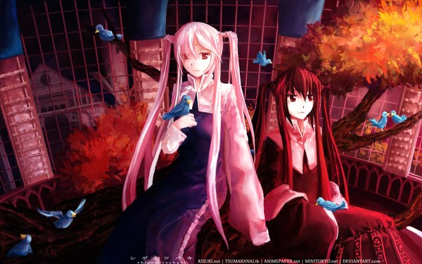 Anime picture 1920x1200 with long hair looking at viewer highres red eyes wide image twintails multiple girls looking away pink hair red hair girl dress 2 girls plant (plants) animal tree (trees) bird (birds) red dress