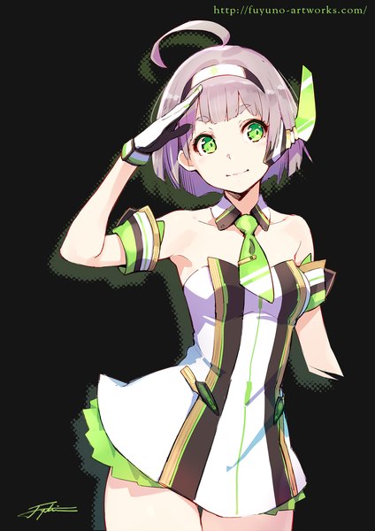 Anime picture 1447x2047 with original yuranpo single tall image fringe short hair breasts simple background bare shoulders green eyes signed looking away purple hair ahoge black background ass visible through thighs eyebrows salute girl dress