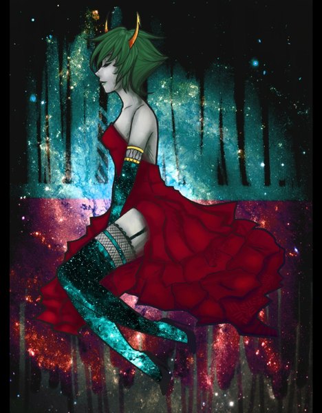 Anime picture 1000x1280 with homestuck kanaya maryam runesby (artist) single tall image short hair smile bare shoulders eyes closed profile horn (horns) green hair light smile dark background pale skin space demon girl thighhighs dress