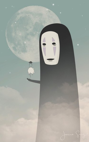 Anime picture 1024x1636 with spirited away studio ghibli no face (spirited away) boh janice sung tall image signed looking away sky cloud (clouds) night no people outstretched hand fantasy ghost fog animal moon full moon hamster