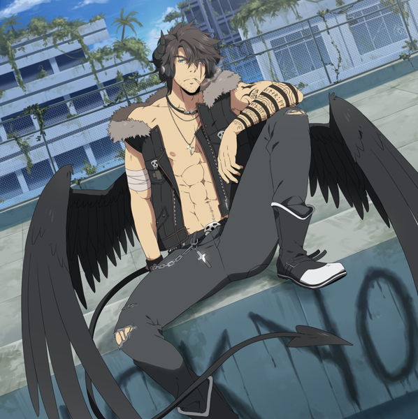 Anime picture 1024x1029 with danzzila single tall image looking at viewer fringe short hair blue eyes black hair sitting holding bent knee (knees) tail horn (horns) tattoo mouth hold torn clothes muscle demon tail black wings smoking