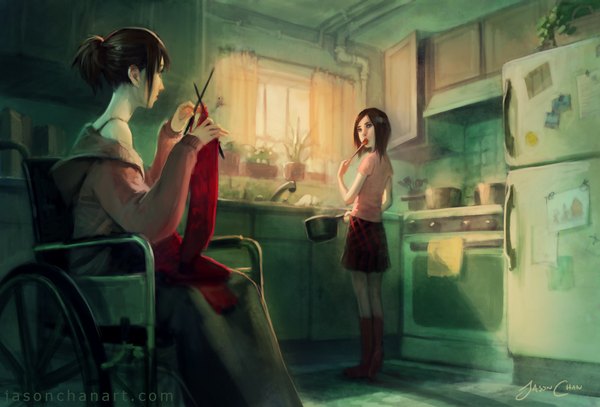 Anime picture 1179x800 with original jason chan short hair blue eyes brown hair sitting multiple girls signed ponytail eating knitting girl skirt 2 girls socks boots window scarf curtains sweater