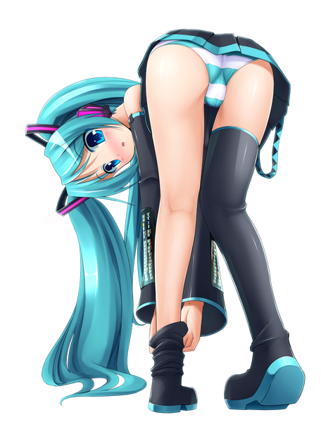 Anime picture 2660x3500 with vocaloid hatsune miku eto tall image blush highres open mouth light erotic twintails bare shoulders ass very long hair looking back aqua eyes aqua hair legs cameltoe transparent background bent over girl
