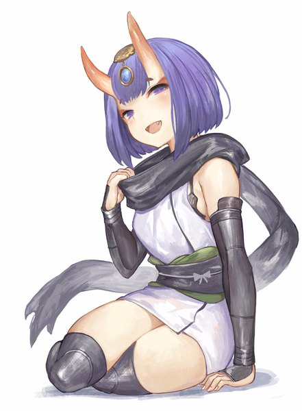 Anime picture 2464x3352 with fate (series) fate/grand order okita souji (fate) (all) okita souji (koha-ace) shuten douji (fate) akizone single tall image looking at viewer blush fringe highres short hair open mouth simple background white background sitting purple eyes purple hair full body