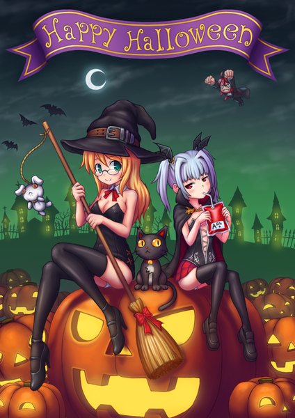 Anime picture 2480x3508 with zofe (artist) long hair tall image highres short hair light erotic smile red eyes multiple girls green eyes absurdres white hair orange hair halloween head wings witch happy halloween girl thighhighs black thighhighs
