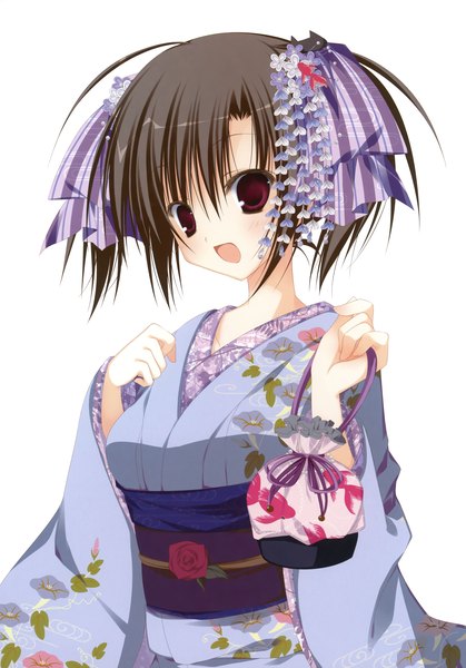 Anime picture 2446x3500 with ebiten anime international company todayama kyouko inugami kira single tall image blush highres short hair open mouth black hair simple background red eyes white background upper body traditional clothes :d japanese clothes animal print fish print