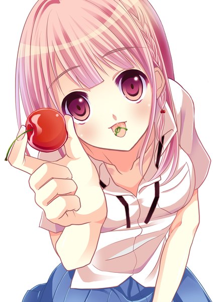 Anime picture 1060x1500 with original miyabi (pixiv 7119751) long hair tall image looking at viewer white background pink hair pink eyes girl skirt food tongue berry (berries) cherry